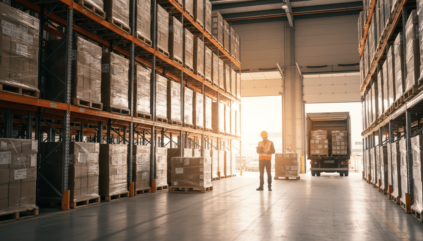 Organized logistics warehouse with freight, pallets, and delivery truck entrance
