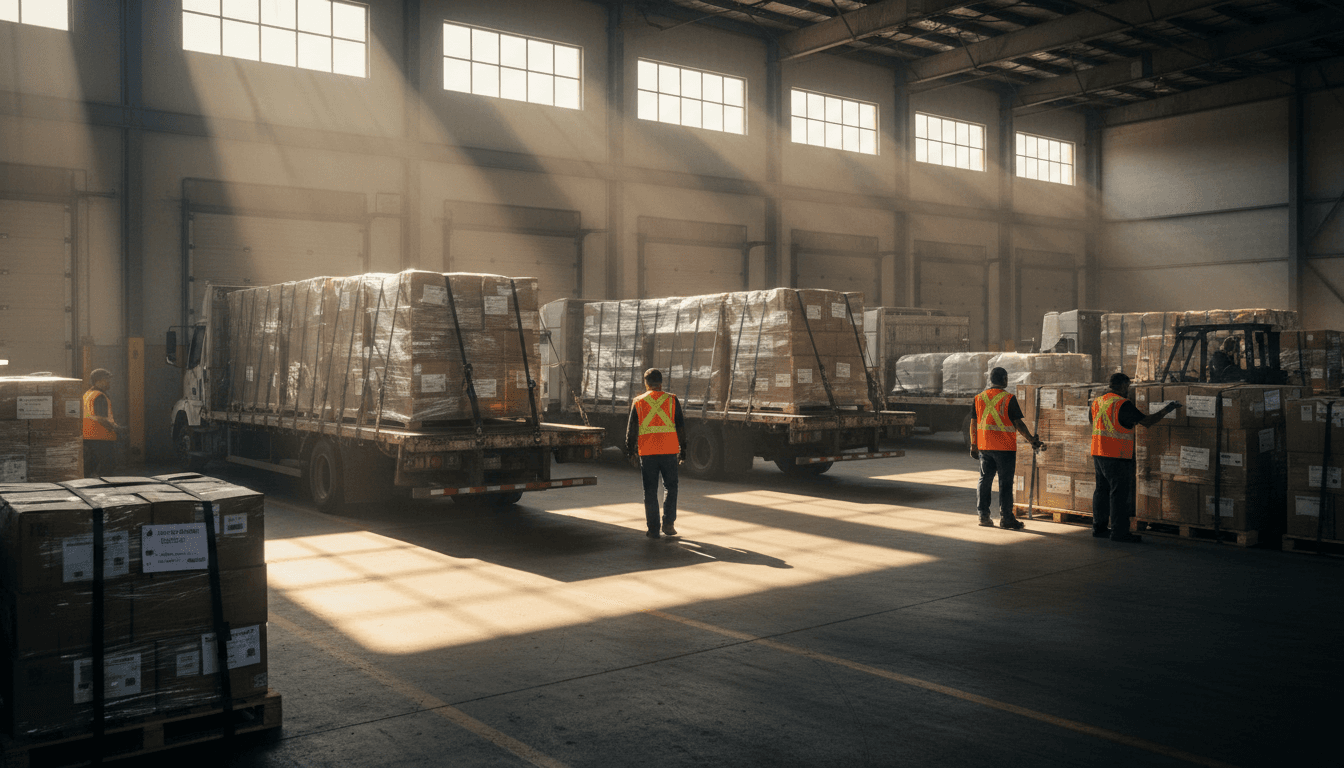 Logistics warehouse with trucks being loaded for distribution