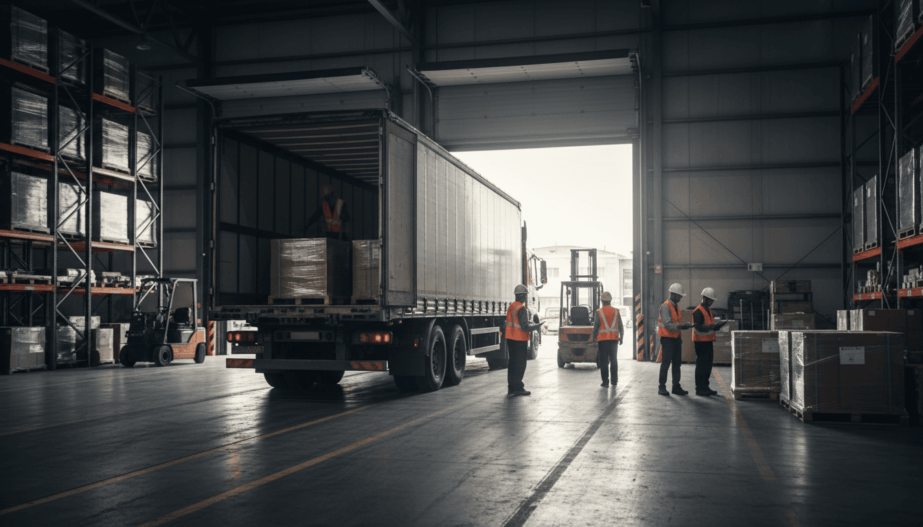 Logistics team coordinating freight at a loading dock in Utah