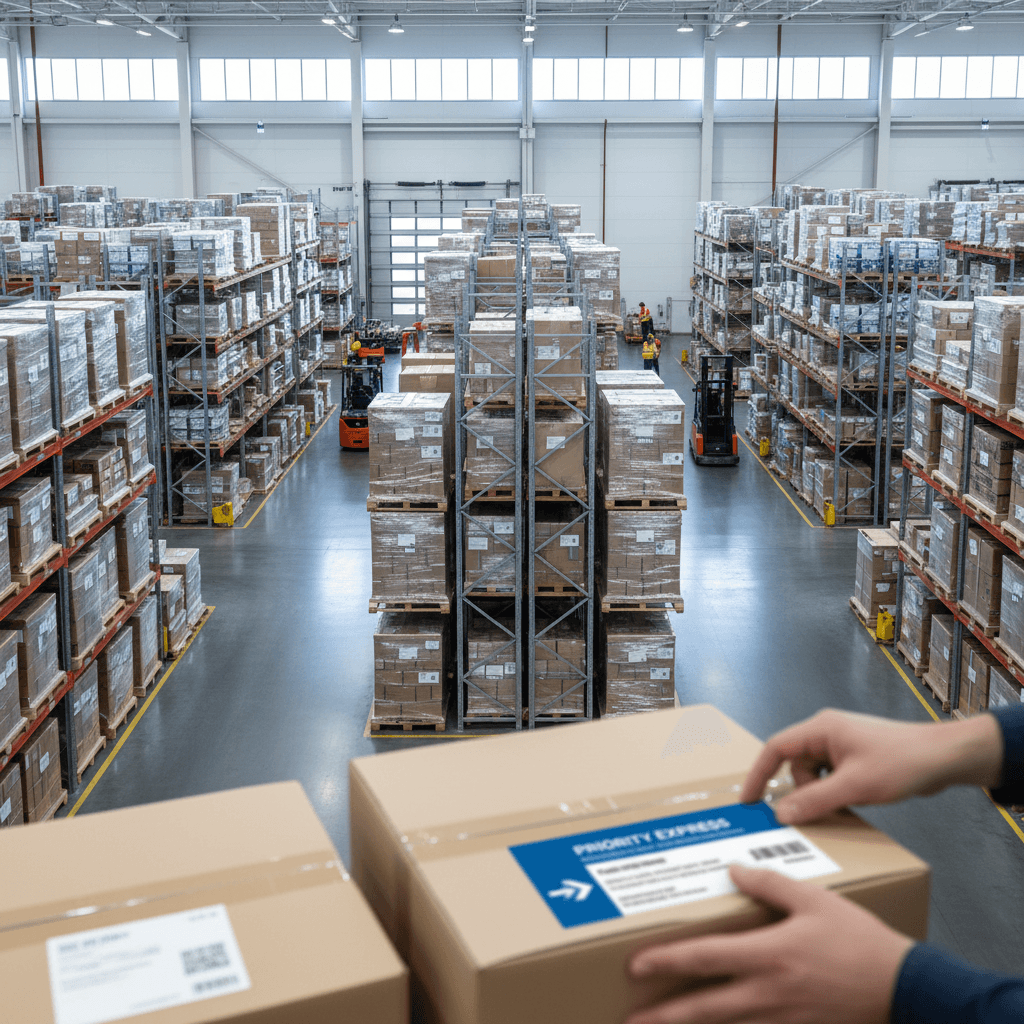 Distribution center with organized freight and shipping operations